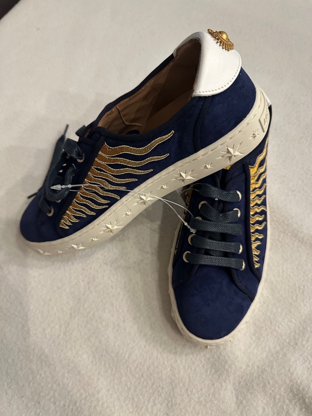 Aquazzura Navy Suede Sneakers with Gold Embroidery and White Heel